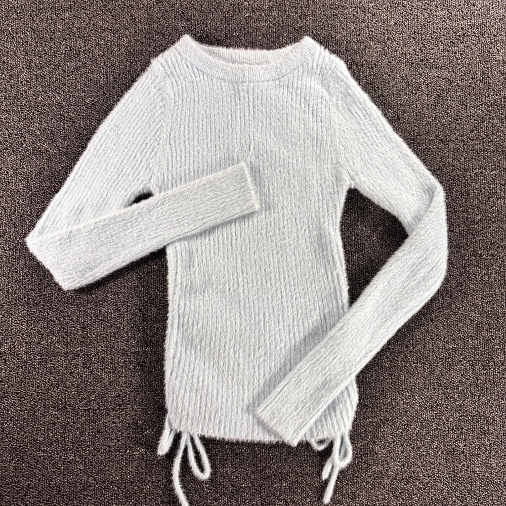 Princess Polly Fuzzy Ribbed Knit Sweater Womens XS Side Tie Baby Blue